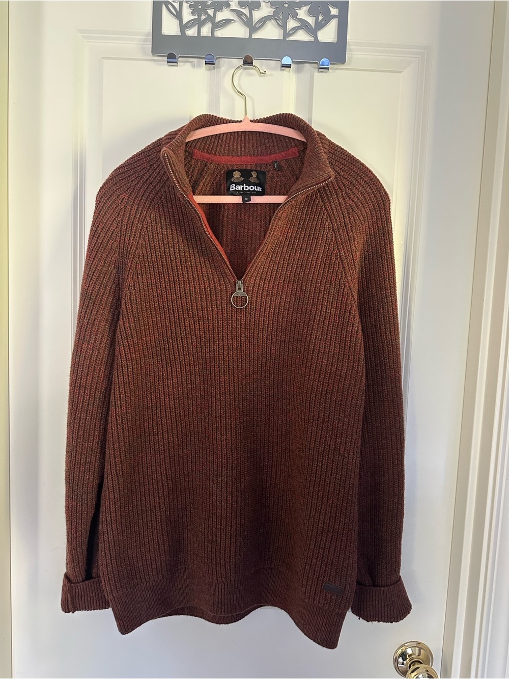 Barbour Horseford Half Zip Lambswool Sweater Marled Cinnamon Red Brown M